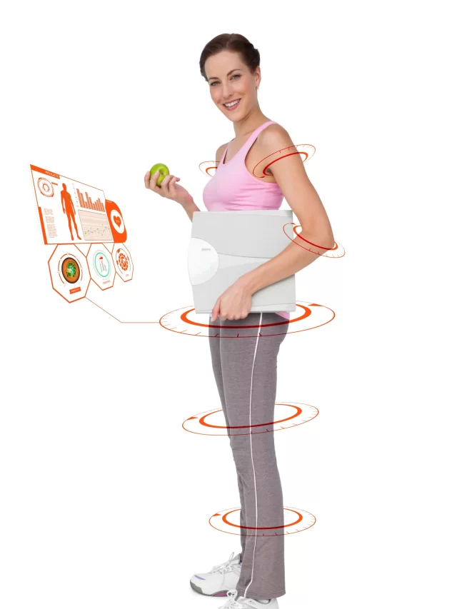 composite-image-young-woman-with-weight-scale-apple
